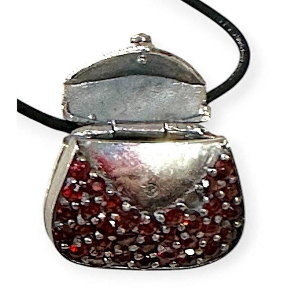 Vintage Sterling‎ Silver Red Crystal Purse Locket Pendant - Picture 4 of 10